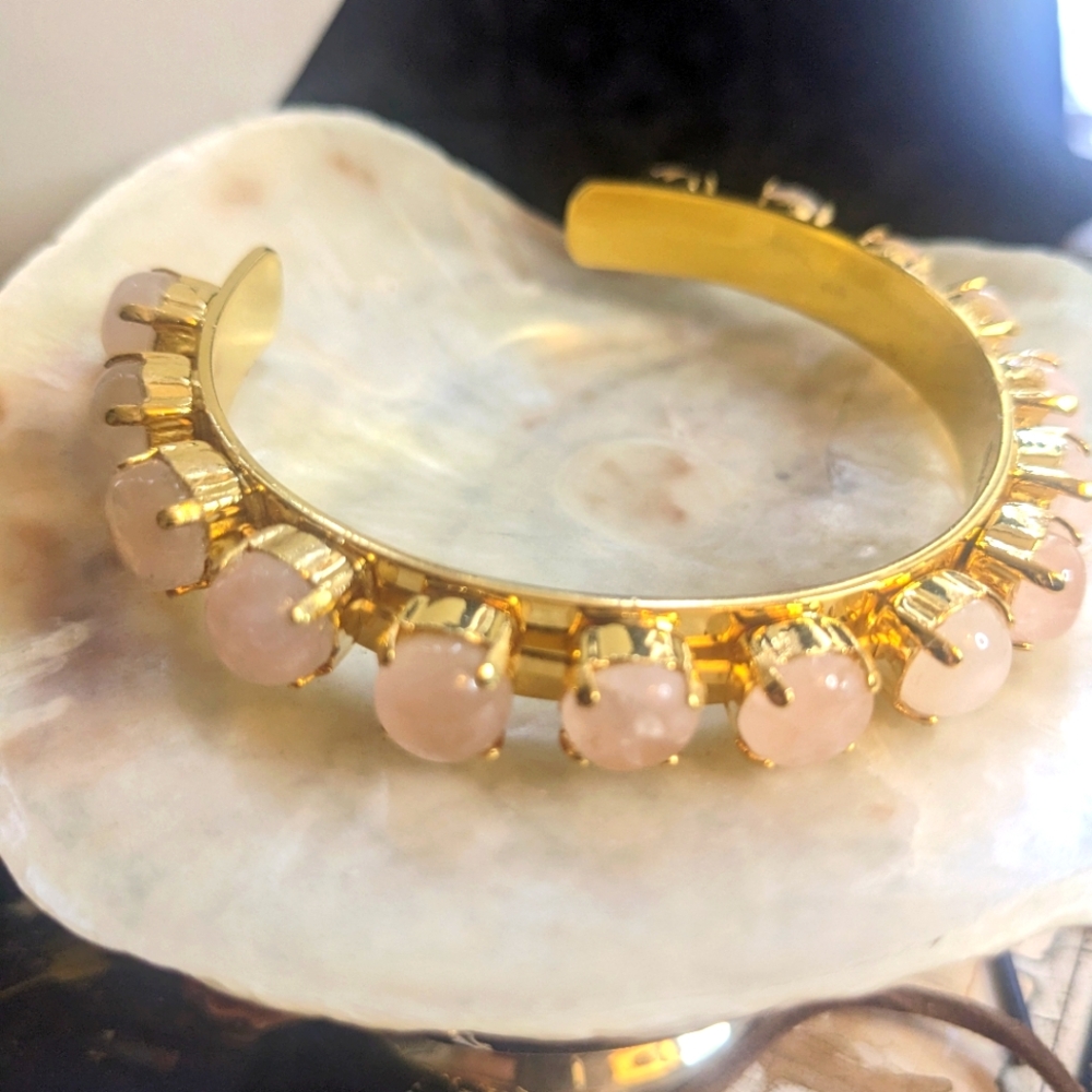 Natural Rose Quartz Cuff Bracelet in 14k Gold Plated